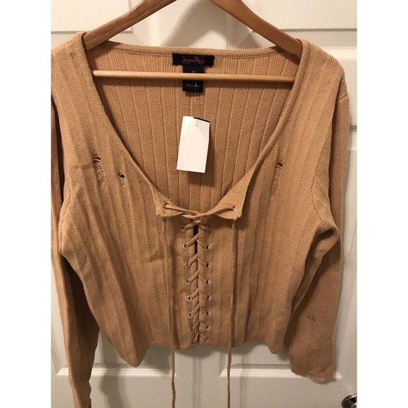 Sexy Distressed Sweater Plus 2X, Light Gold Mustard, Low Cut - Picture 14 of 16